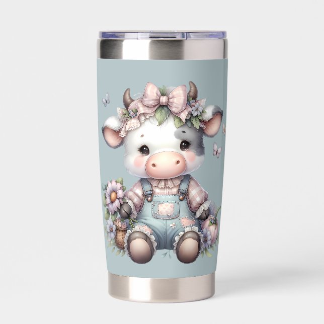 Cute Pastel Baby Cow in Overalls with Flowers Insulated Tumbler (Front)