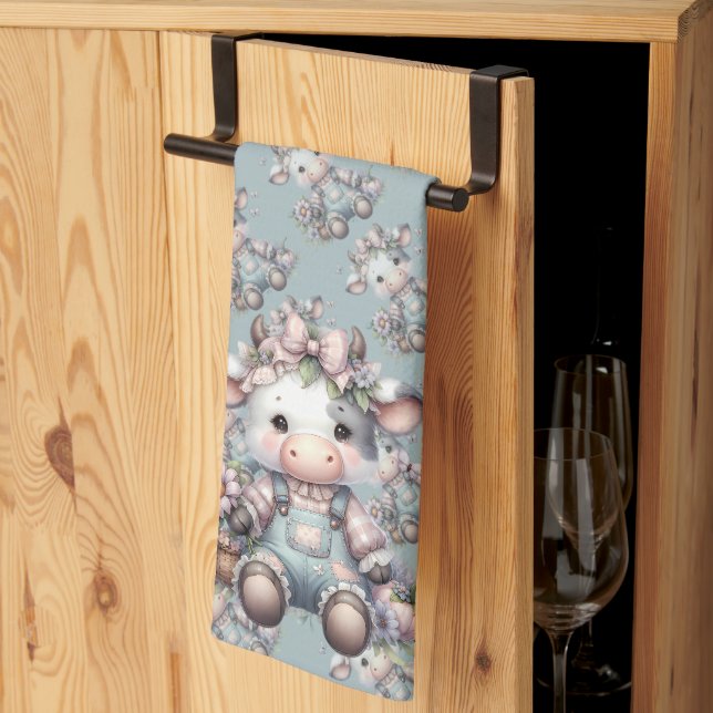 Cute Pastel Baby Cow in Overalls with Flowers Kitchen Towel (Thirds Fold)