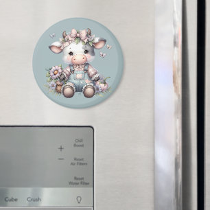Cute Pastel Baby Cow in Overalls with Flowers Magnet