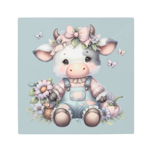 Cute Pastel Baby Cow in Overalls with Flowers Metal Print (Front)