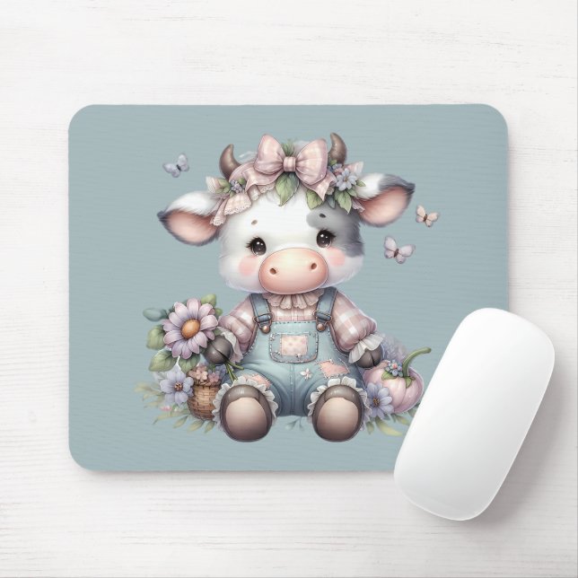 Cute Pastel Baby Cow in Overalls with Flowers Mouse Pad (With Mouse)