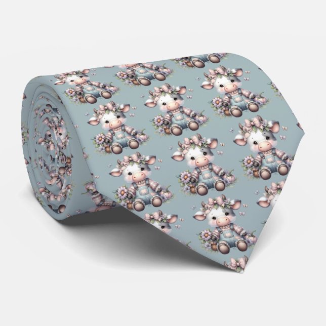 Cute Pastel Baby Cow in Overalls with Flowers Neck Tie (Rolled)