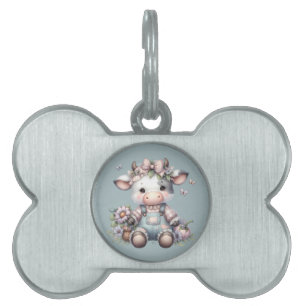 Cute Pastel Baby Cow in Overalls with Flowers Pet ID Tag