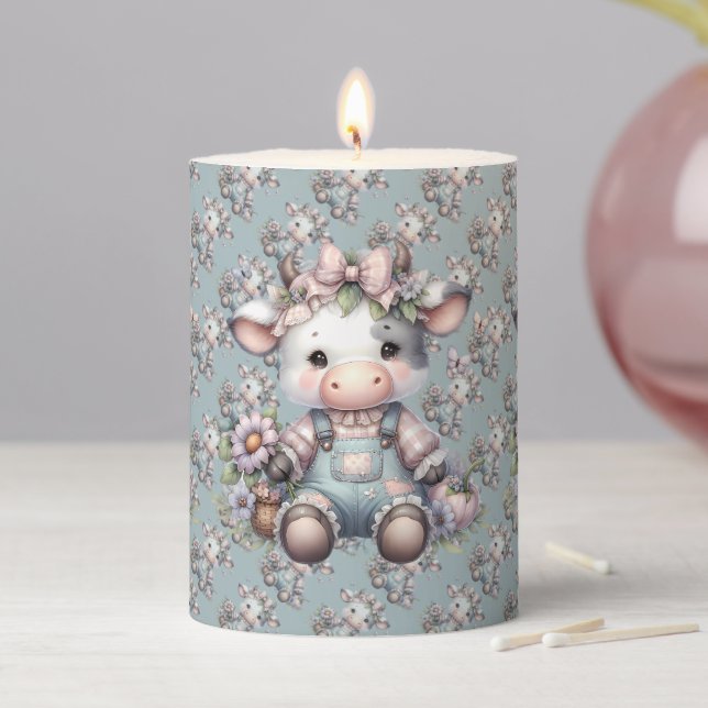 Cute Pastel Baby Cow in Overalls with Flowers Pillar Candle (In Situ)