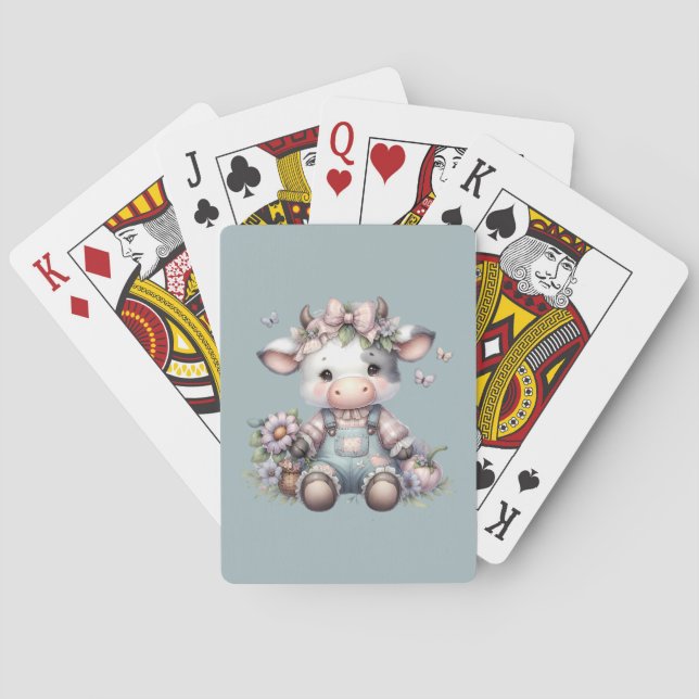 Cute Pastel Baby Cow in Overalls with Flowers Poker Cards (Back)