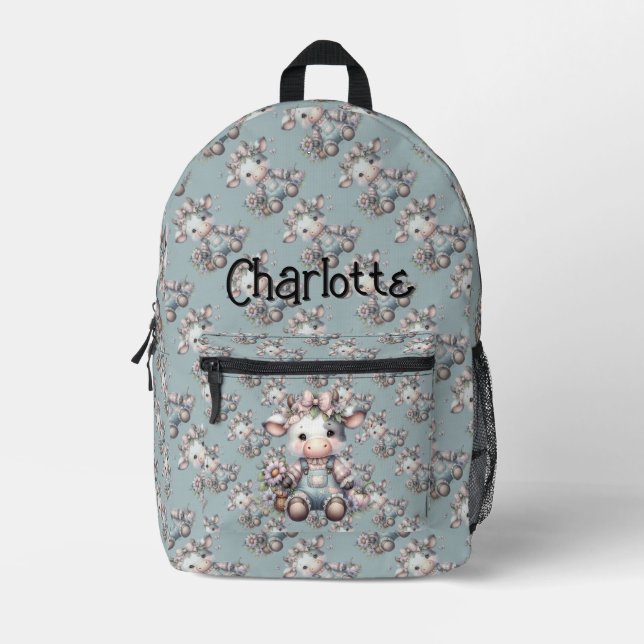 Cute Pastel Baby Cow in Overalls with Flowers Printed Backpack (Front)