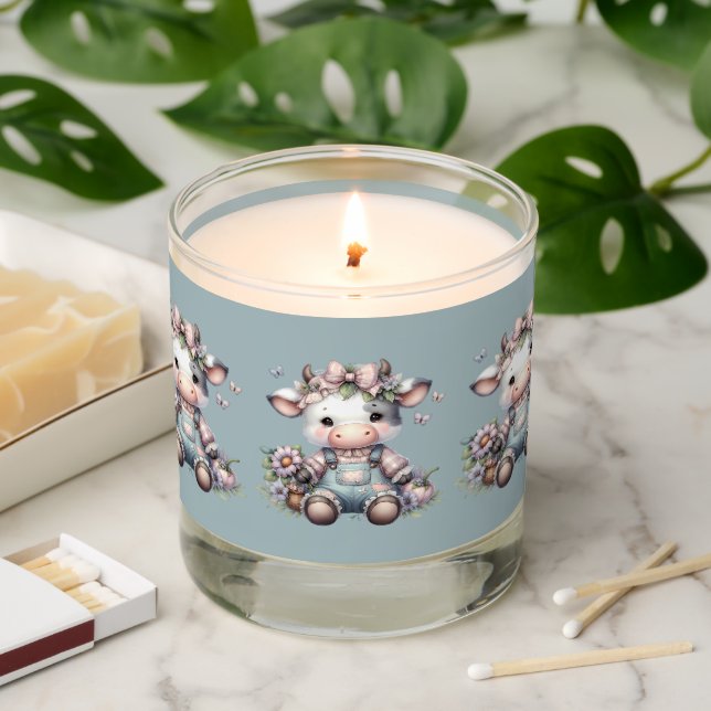 Cute Pastel Baby Cow in Overalls with Flowers Scented Candle (Lit)