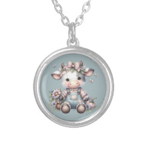 Cute Pastel Baby Cow in Overalls with Flowers Silver Plated Necklace
