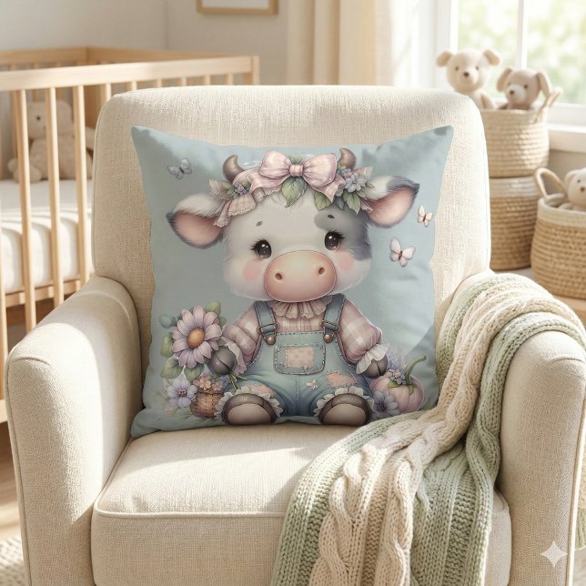 Cute Pastel Baby Cow in Overalls with Flowers Throw Pillow (Cute Pastel Baby Cow in Overalls with Flowers Throw Pillow Mockup A)