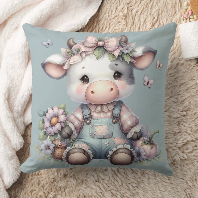Cute Pastel Baby Cow in Overalls with Flowers Throw Pillow (Blanket)