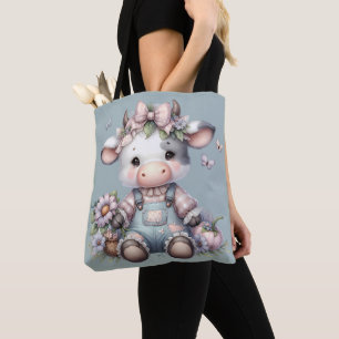 Cute Pastel Baby Cow in Overalls with Flowers Tote Bag