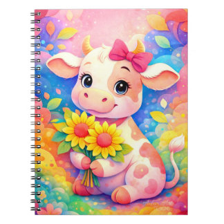 Cute Pastel Baby Cow with Sunflowers Notebook