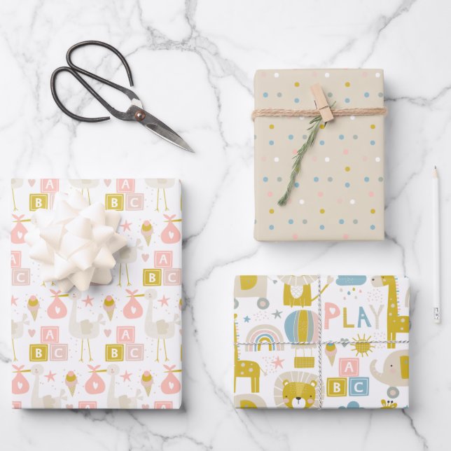 Cute Pastel Baby Girl Pink Elephant Stork Giraffe Wrapping Paper Sheets (Front)