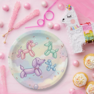 Cute Pastel Balloon Animal Birthday Paper Plates