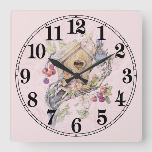 Cute Pastel Bird House Square Wall Clock