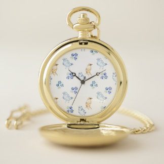 Cute pastel birds and floral seamless pattern   pocket watch