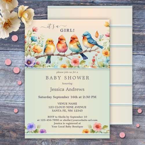 Cute Pastel Birds Watercolor Floral Baby Shower Invitation
