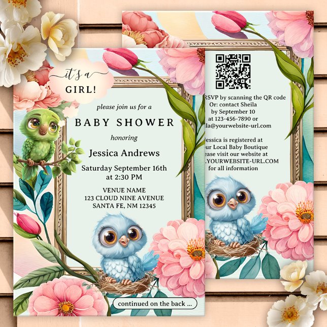 Cute Pastel Birds Watercolor Flowers Baby Shower Invitation (Cute girly baby shower invitation featuring a pastel watercolor illustration of flowers and birds)