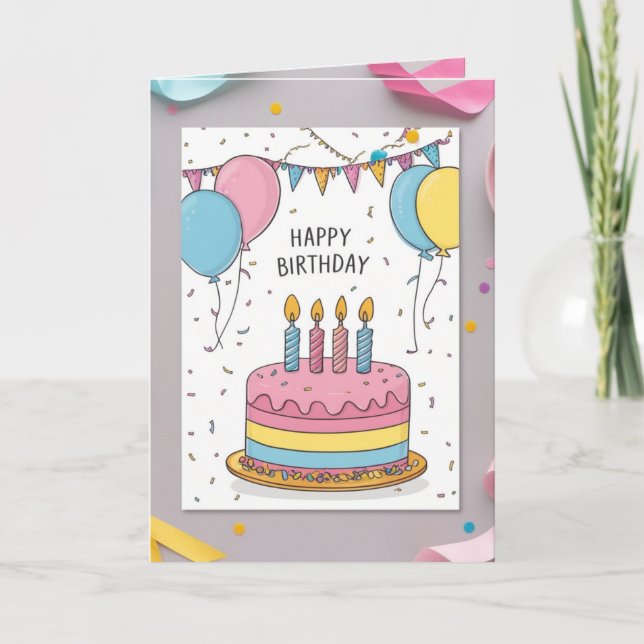 Cute Pastel Birthday Greeting Card with Cake and  (Front)