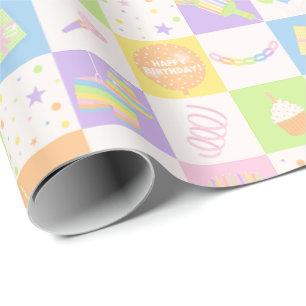 Cute Pastel Birthday Pattern with Party Icons Wrapping Paper