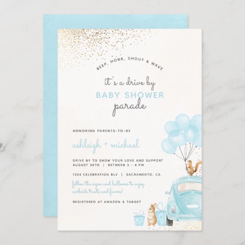 Cute Pastel Blue Balloons Car Drive By Baby Shower Invitation