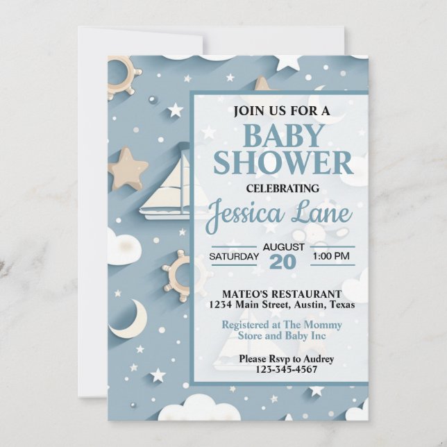 Cute Pastel Blue Boy Nautical Baby Shower Invitation (Front)