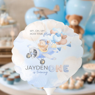 Cute Pastel Blue Brown Baby Bear On Plane  Balloon