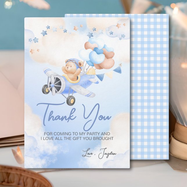 Cute Pastel Blue Brown Baby Bear On Plane  Thank You Card (Creator Uploaded)