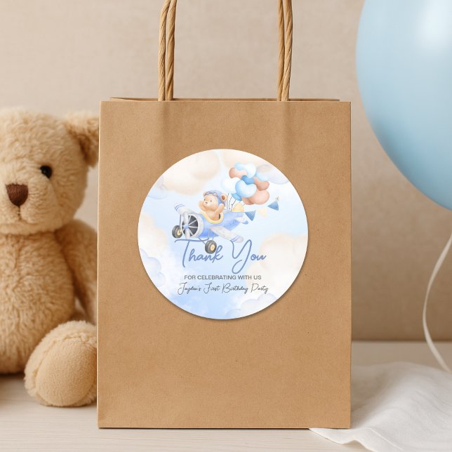 Cute Pastel Blue Brown Baby Bear Thank You  Classic Round Sticker (Creator Uploaded)