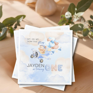 Cute Pastel Blue Brown Baby Bear Turning One Napkins