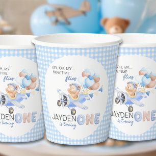 Cute Pastel Blue Brown Baby Bear Turning One Paper Cups