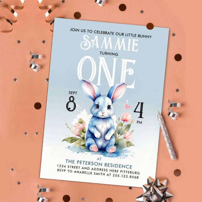 Cute Pastel Blue Bunny 1st Bday Baby Boy Cartoon Invitation (Creator Uploaded)