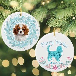 Cute Pastel Blue Cavalier Custom Christmas Ceramic Ornament