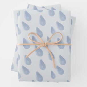 Cute Pastel Blue & Cream Raindrop Watercolor Wrapping Paper Sheets