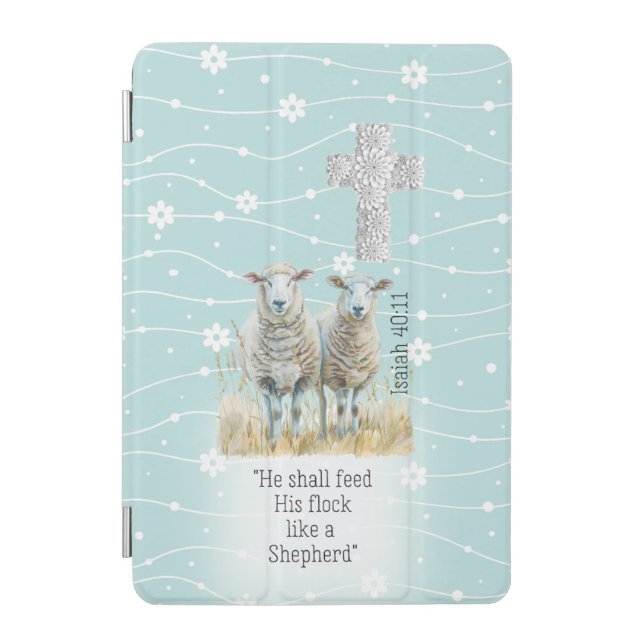 Cute Pastel Blue Floral Sheep Cross Bible iPad Mini Cover (Front)