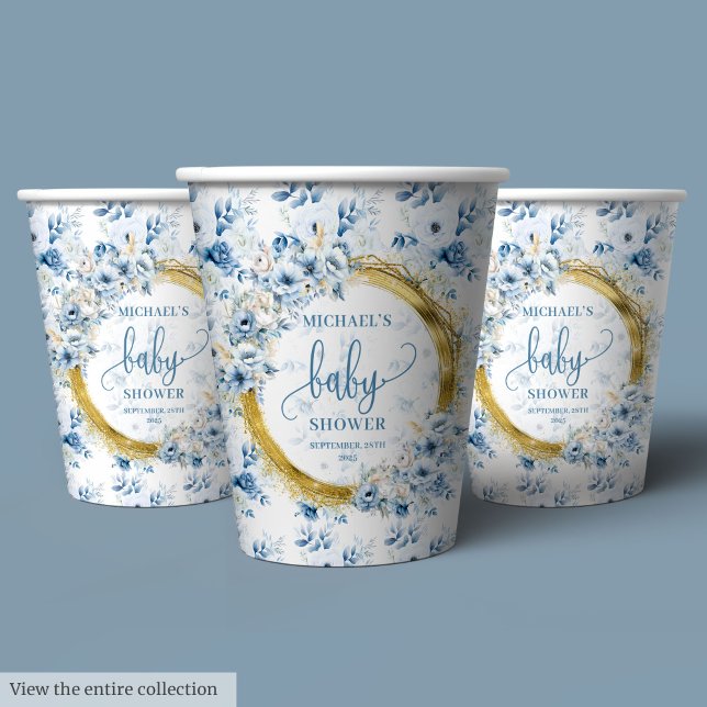 Cute pastel blue flowers gold boho personalized  paper cups (Cute pastel blue flowers gold boho personalized Paper Cups )