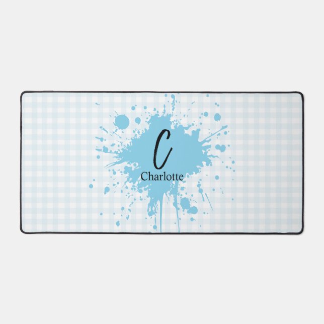 Cute Pastel Blue Gingham Pattern Desk Mat (Front)