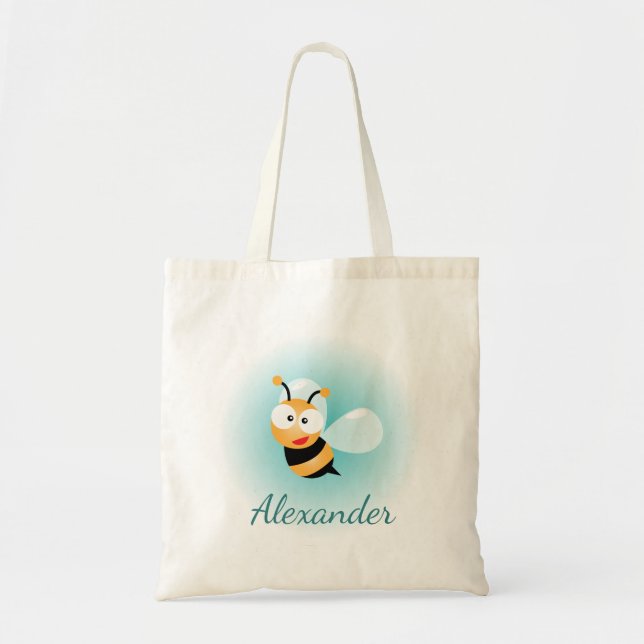 Cute Pastel Blue Green Sweet Bumble Bee Cartoon Tote Bag (Front)