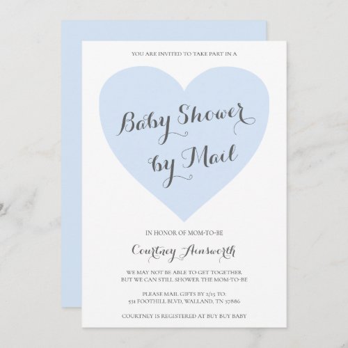 Cute Pastel Blue Heart Boy Baby Shower By Mail Invitation