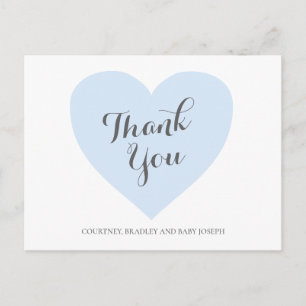 Cute Pastel Blue Heart Boy Baby Shower Thank You Postcard