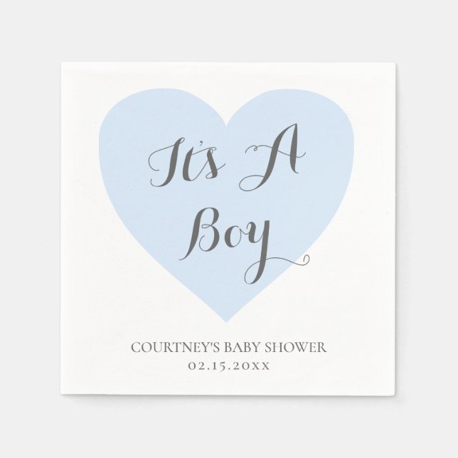Cute Pastel Blue Heart Its A Boy Baby Shower Napkins (Front)