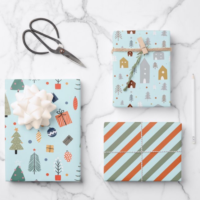 Cute Pastel Blue Minimal Christmas Tree Light Wrapping Paper Sheets (Front)
