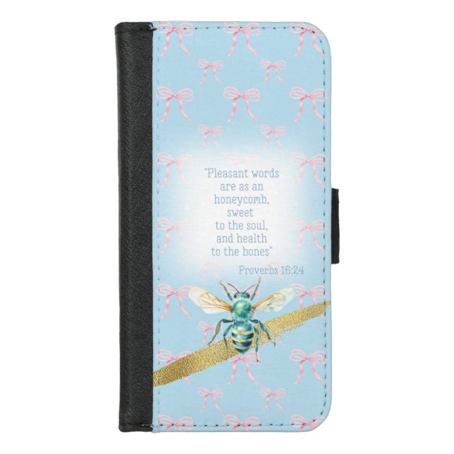 Cute Pastel Blue Pink Bow Bible Turquoise Bee iPhone Wallet Case (Front)