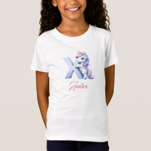 Cute Pastel blue pink Unicorn Letter X Monogram  T_Shirt