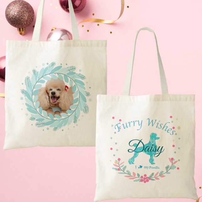 Cute Pastel Blue Poodle | Personalized Christmas Tote Bag (Creator Uploaded)