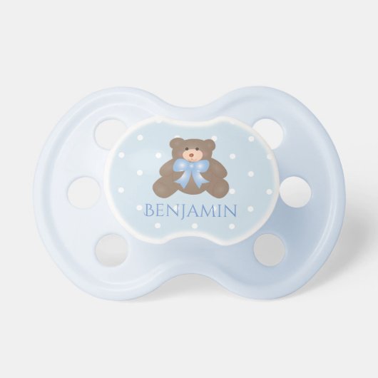 Cute Pastel Blue Ribbon Sweet Teddy Bear Baby Boy Pacifier (Front)