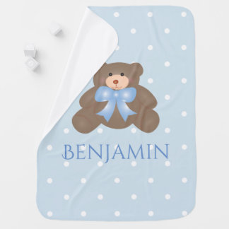 Cute Pastel Blue Ribbon Sweet Teddy Bear Baby Boy Receiving Blanket
