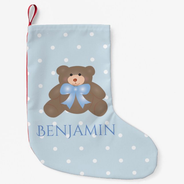 Cute Pastel Blue Ribbon Sweet Teddy Bear Baby Boy Small Christmas Stocking (Front)