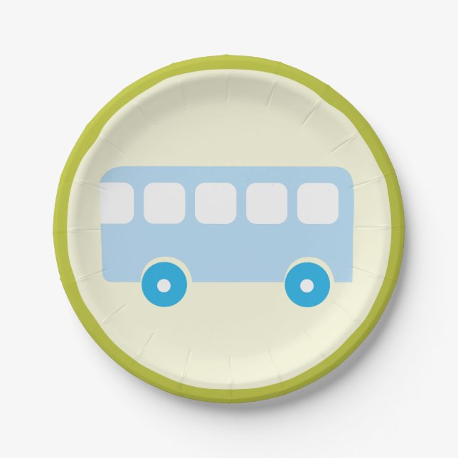 Cute Pastel Blue School Bus Icon Paper Plates (Front)