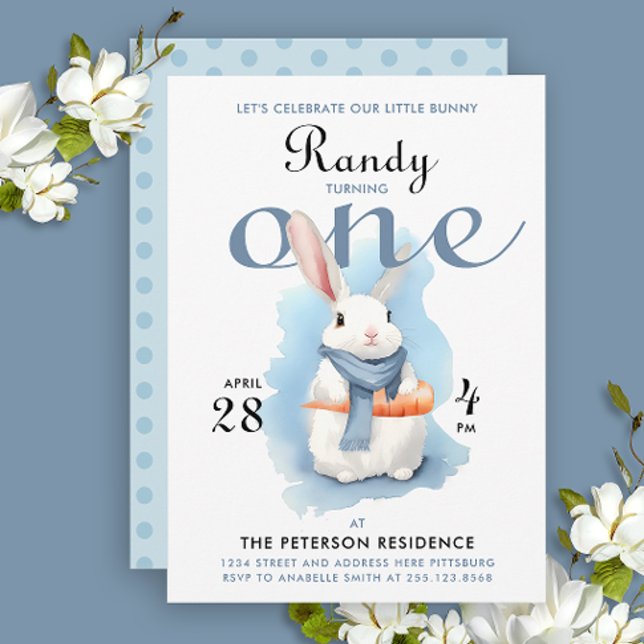 Cute Pastel Blue Some Bunny First Bday Watercolor Invitation (Creator Uploaded)